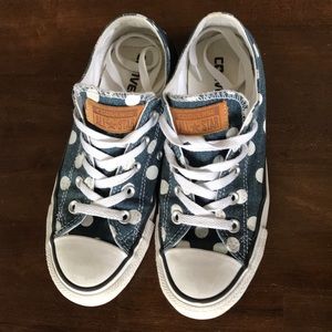 Blue denim Converse with white polka dots